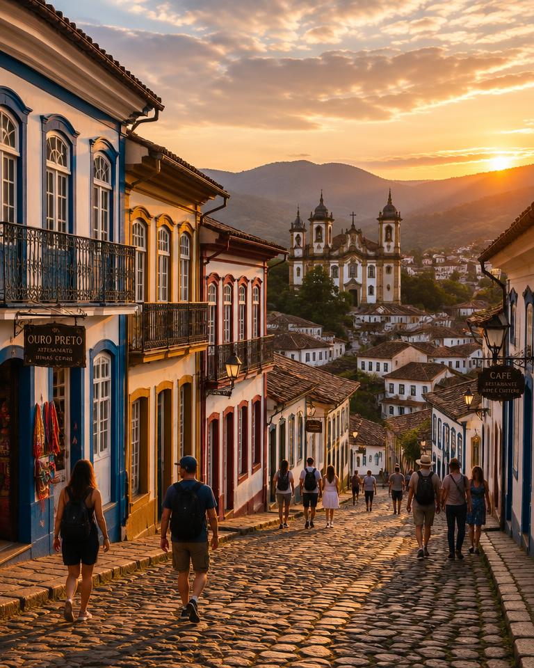 Rua de pedra em cidade histórica ao entardecer