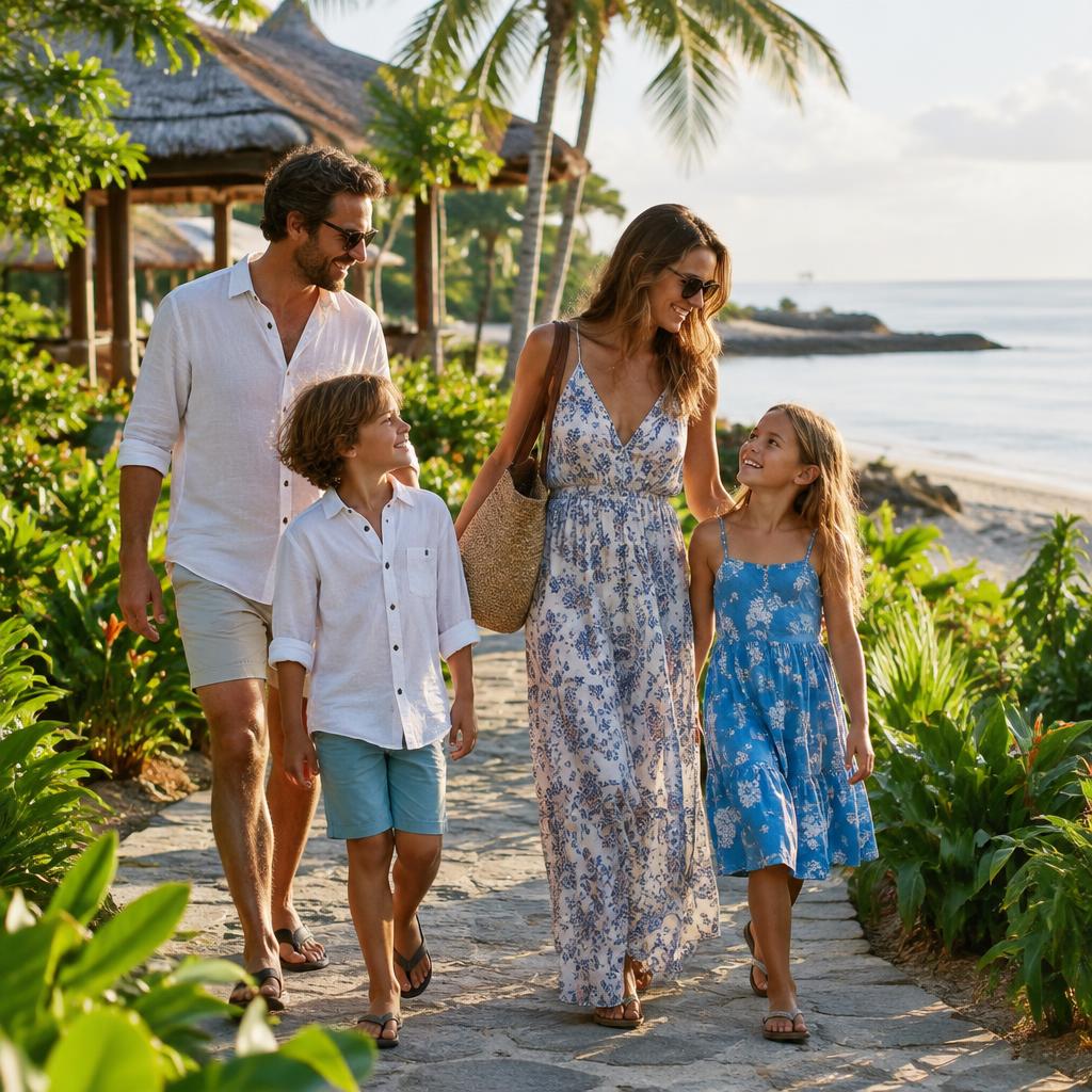 Família passeando junto à praia