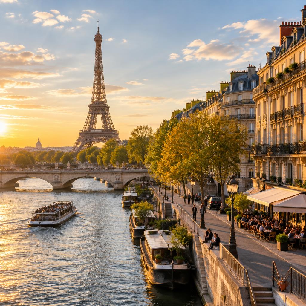 Torre Eiffel e rio Sena em Paris ao entardecer