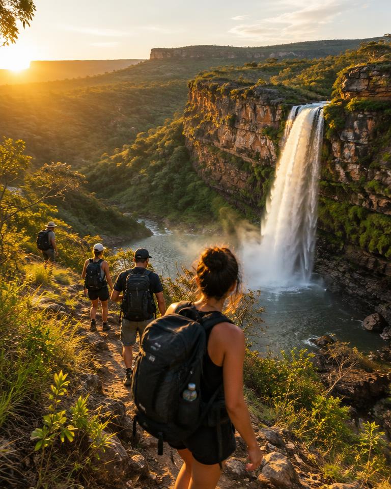 Viajantes em trilha perto de uma cachoeira