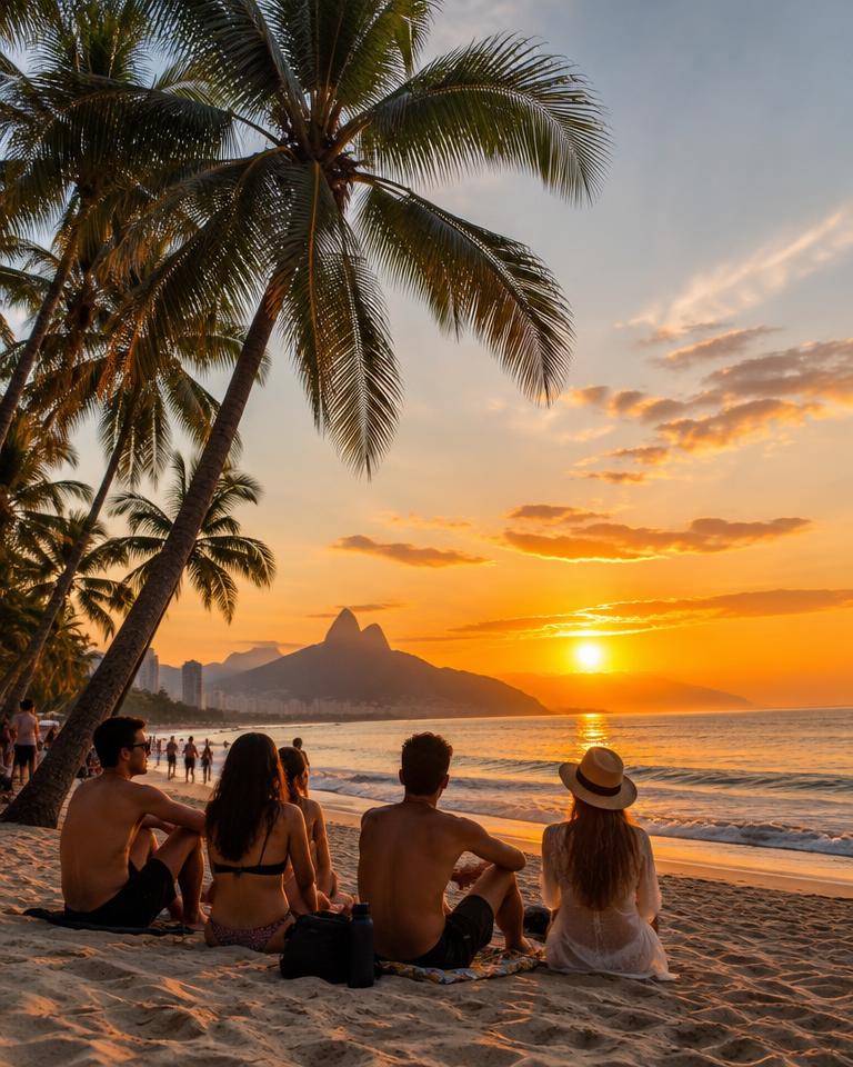 Amigos sentados na praia vendo o pôr do sol
