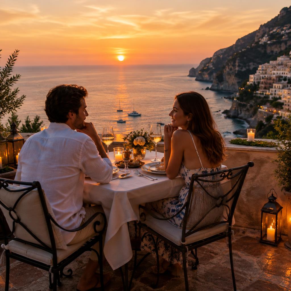 Casal em jantar à beira-mar ao pôr do sol